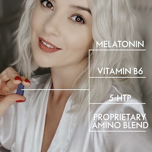 Woman holding a supplement with text listing ingredients: melatonin, vitamin B6, 5-HTP, proprietary amino blend.