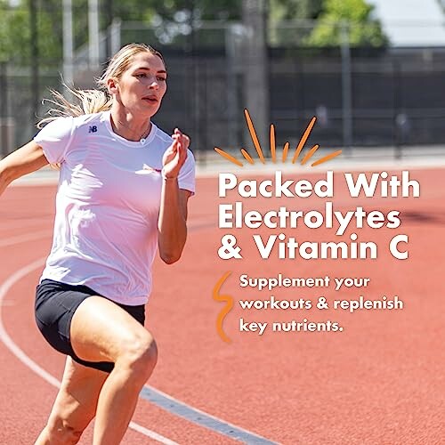 Woman running on track with text about electrolyte and vitamin C supplement.