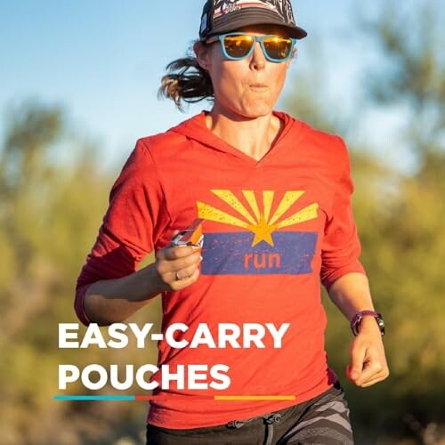 Woman running with easy-carry pouch in outdoor setting