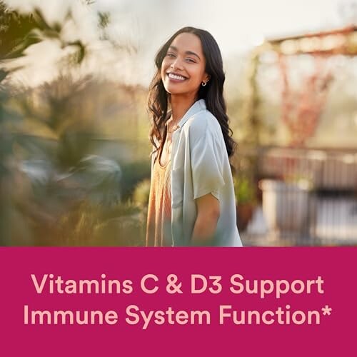 Smiling woman with text about vitamins C and D3 supporting immune system function.