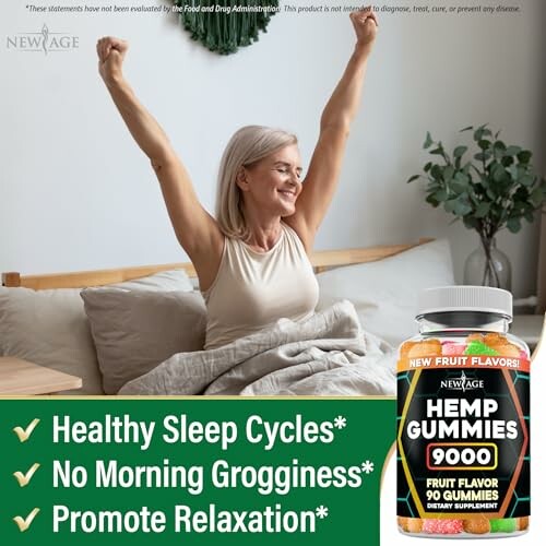 Woman stretching in bed with hemp gummies displayed for promoting relaxation.