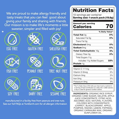 YumEarth fruit snack nutrition label with allergy information.