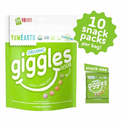 YumEarth Organic Giggles Sour chewy candy bites, 10 snack packs per bag.