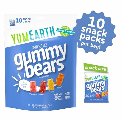 YumEarth gluten-free gummy bears snack packs with 10 packs per bag.