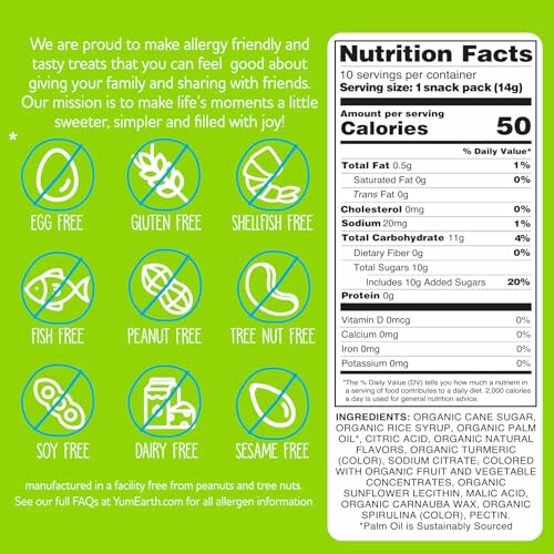 YumEarth organic candy nutrition facts and allergen information.